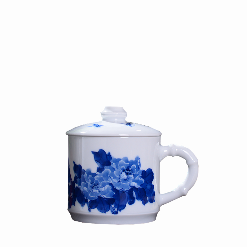 Jingdezhen ceramic cups with cover household under the glaze color blue and white office gift custom hand - made tea tea cup