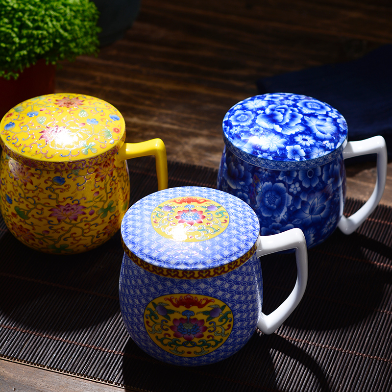 Jingdezhen ceramic cups with cover home office gift colored enamel glaze color tea cups water glass palace tea sets