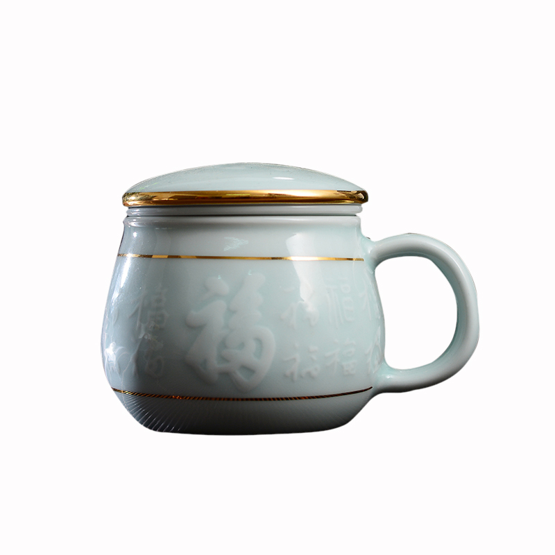 Jingdezhen ceramic cups with cover home office gift cup lid shadow blue glaze glass cups clearance of goods