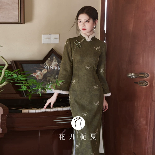 Ретро зеленое удерживающее тепло бархатное зимнее легкое ципао, китайский стиль, светлый стиль