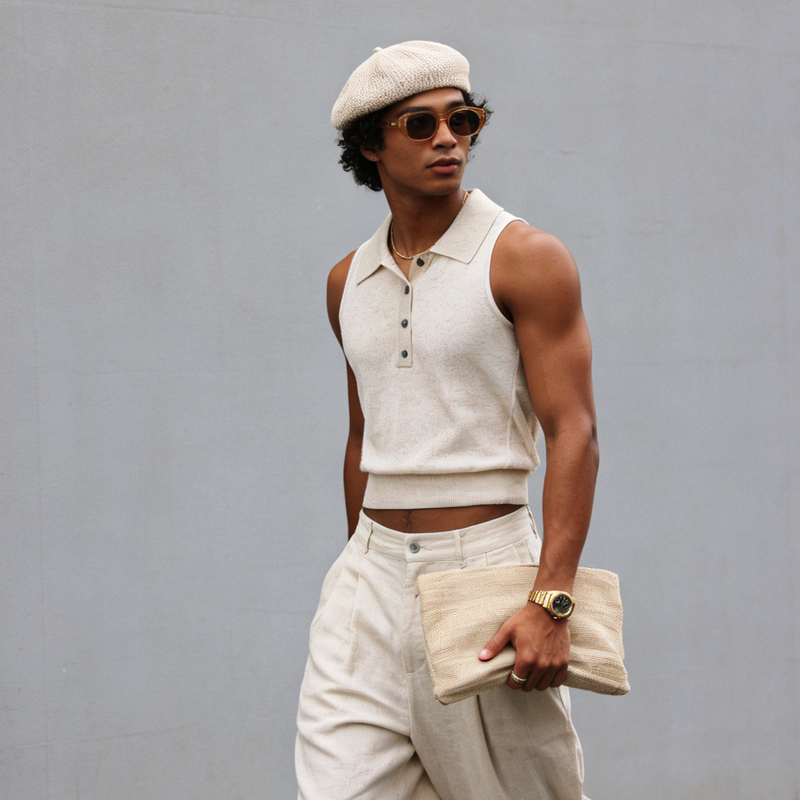 Buddybody French Old Money Style Casual Slim Fit Polo Collar Tencel Linen Sheer Sexy Knit Tank Top