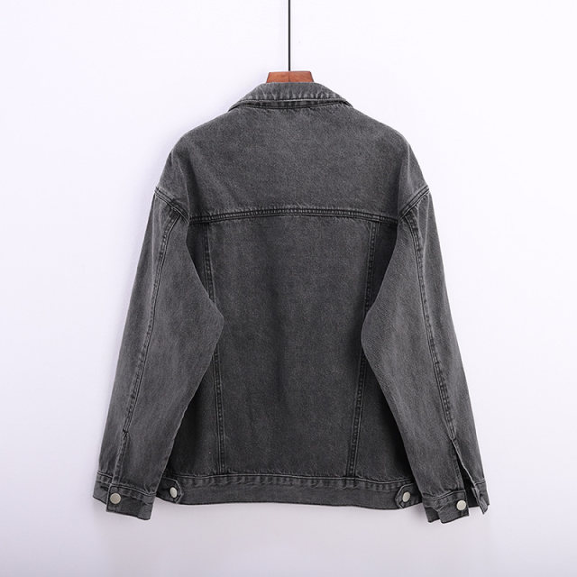 2024 Autumn Gray Black Loose Denim Jacket Women's Mid-Length Korean Style Slim Long Sleeve Denim Jacket Large Size Trendy