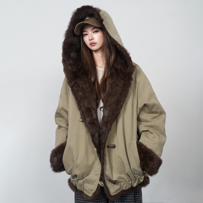 Double-Sided Rider | Heavy-Duty Reversible Rabbit Fur Parka with Hood Design, One Garment, Two Ways to Wear, Coat for Women