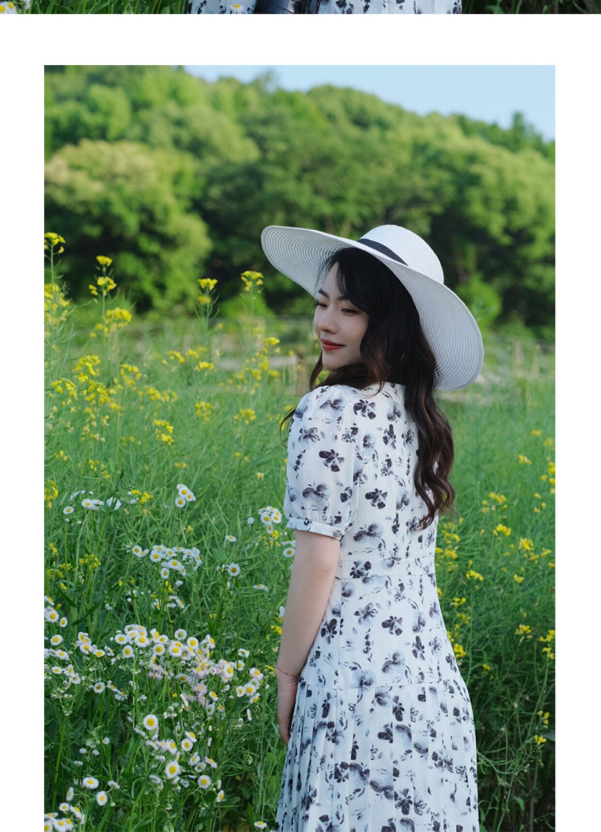 JML姜麦粒 法式复古百褶水墨连衣裙长款高腰碎花V领显瘦茶歇裙夏详情20