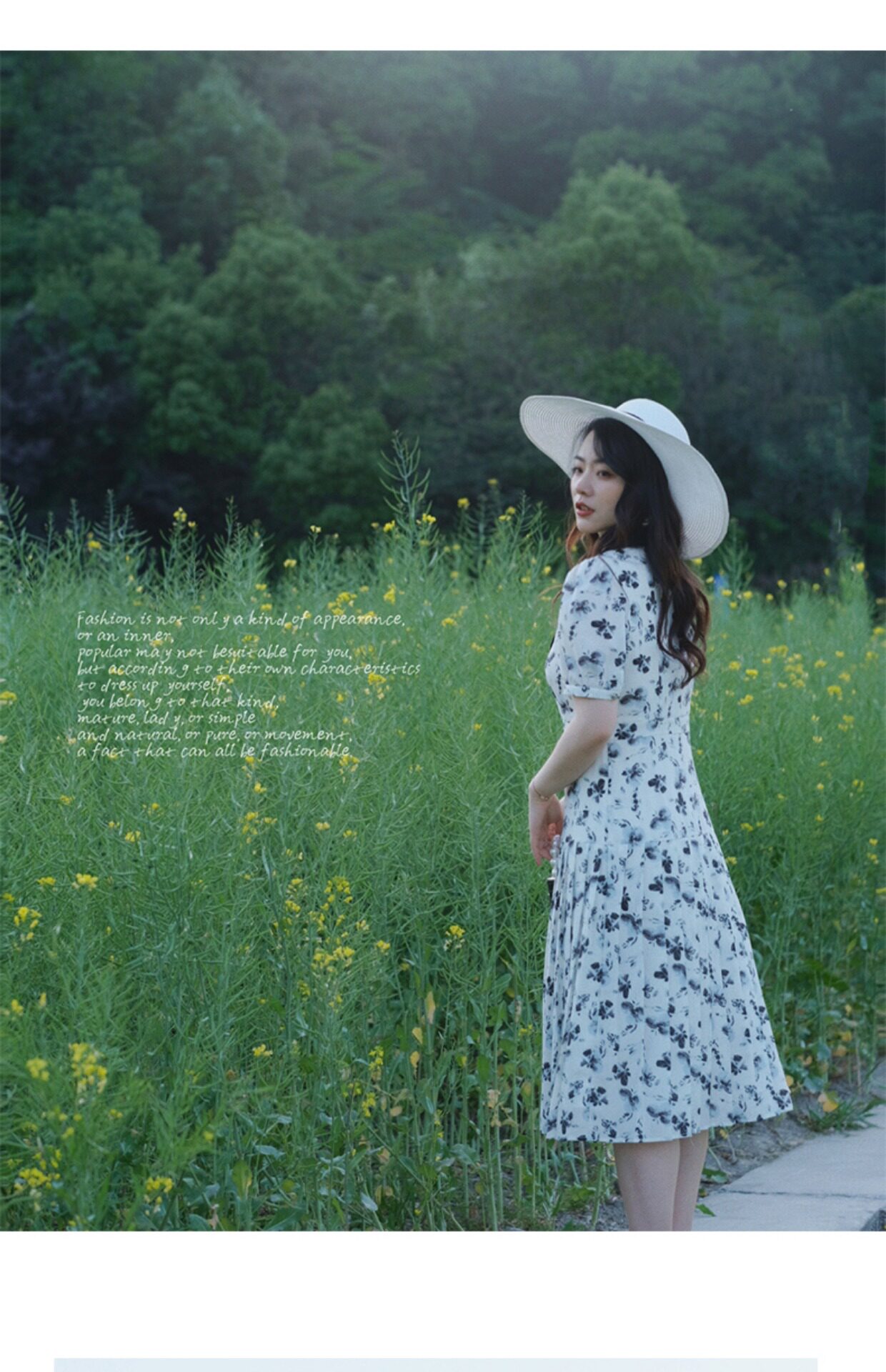 JML姜麦粒 法式复古百褶水墨连衣裙长款高腰碎花V领显瘦茶歇裙夏详情23