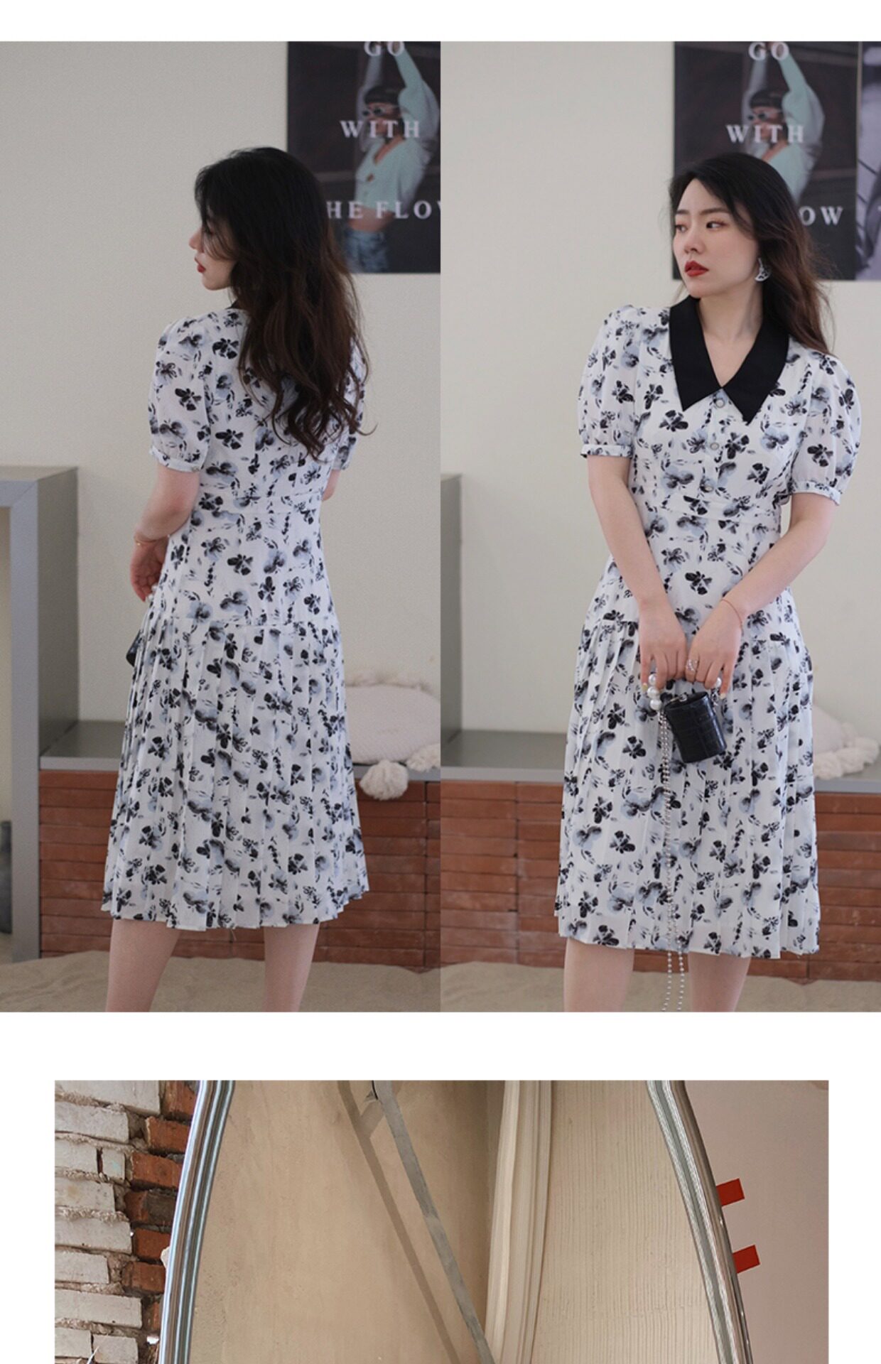 JML姜麦粒 法式复古百褶水墨连衣裙长款高腰碎花V领显瘦茶歇裙夏详情13