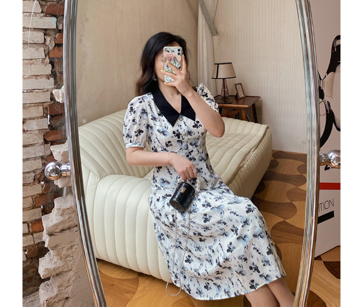 JML姜麦粒 法式复古百褶水墨连衣裙长款高腰碎花V领显瘦茶歇裙夏详情14