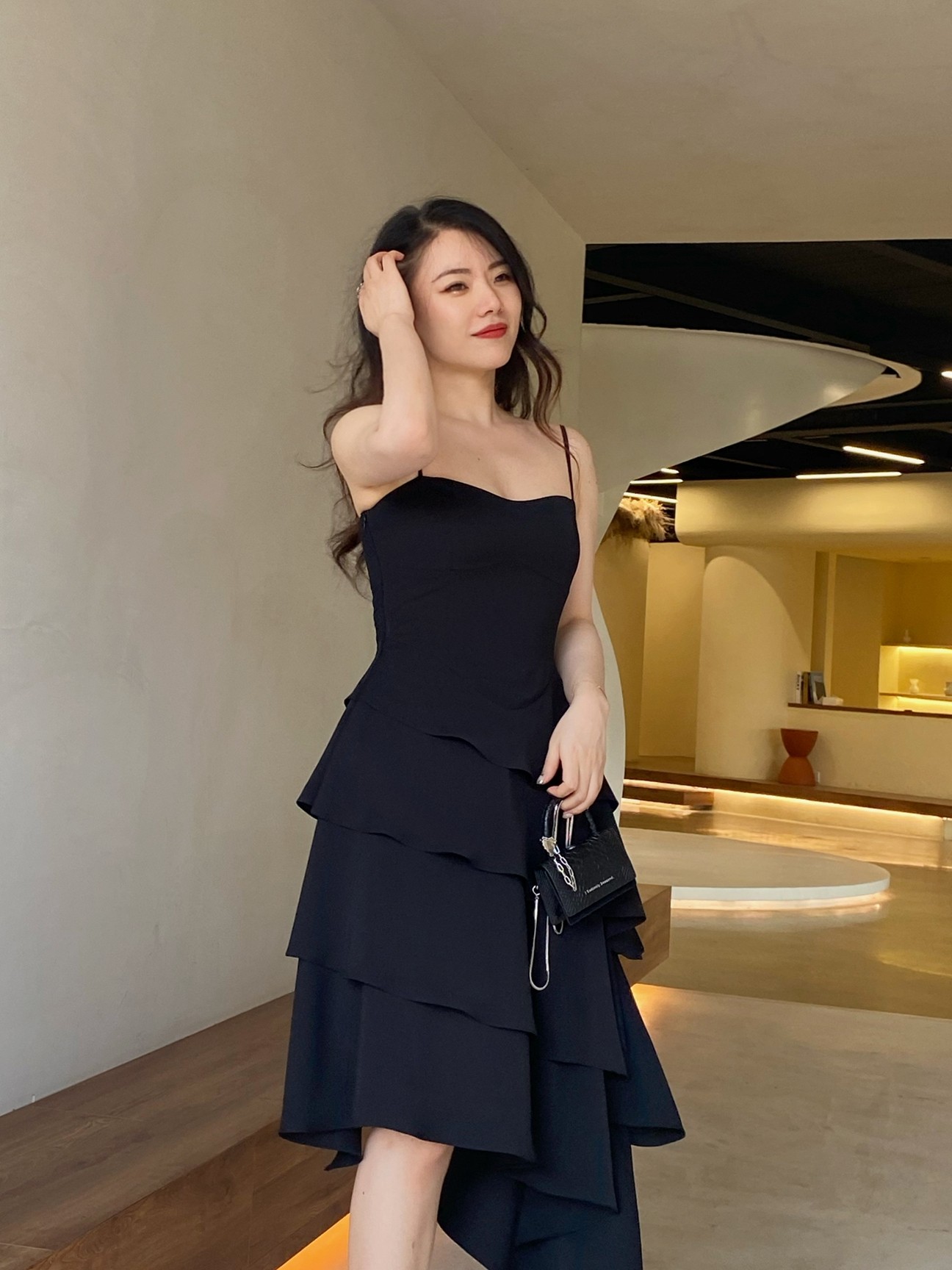 JML Ginger wheat grain French black Hepburn style halter top, high-end multi-layer cake dress, long dress, little black dress