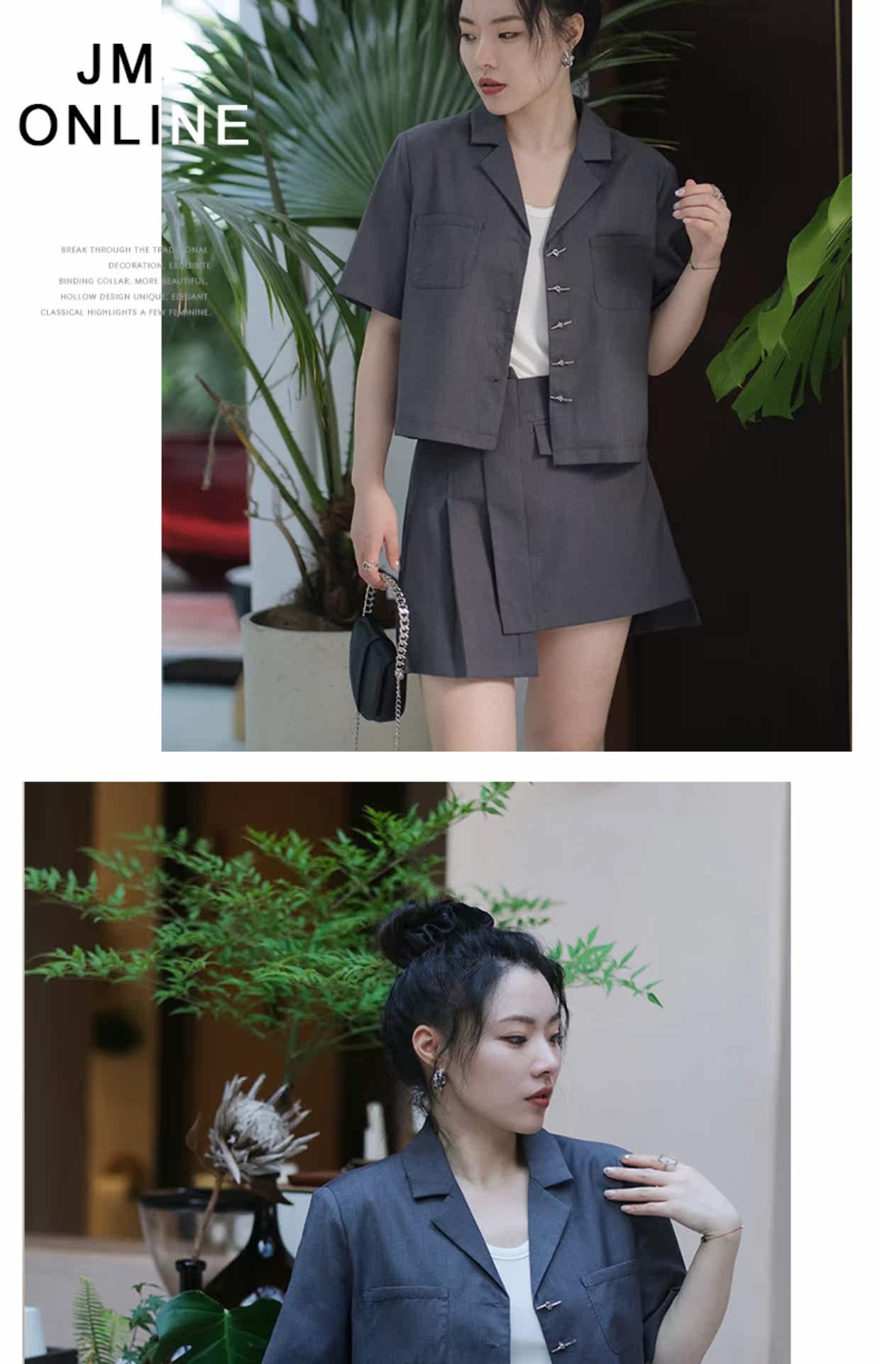 JML Ginger grain grey short-sleeved small suit set, asymmetrical culopants for commuting, single-breasted solid color, summer loose pic 7