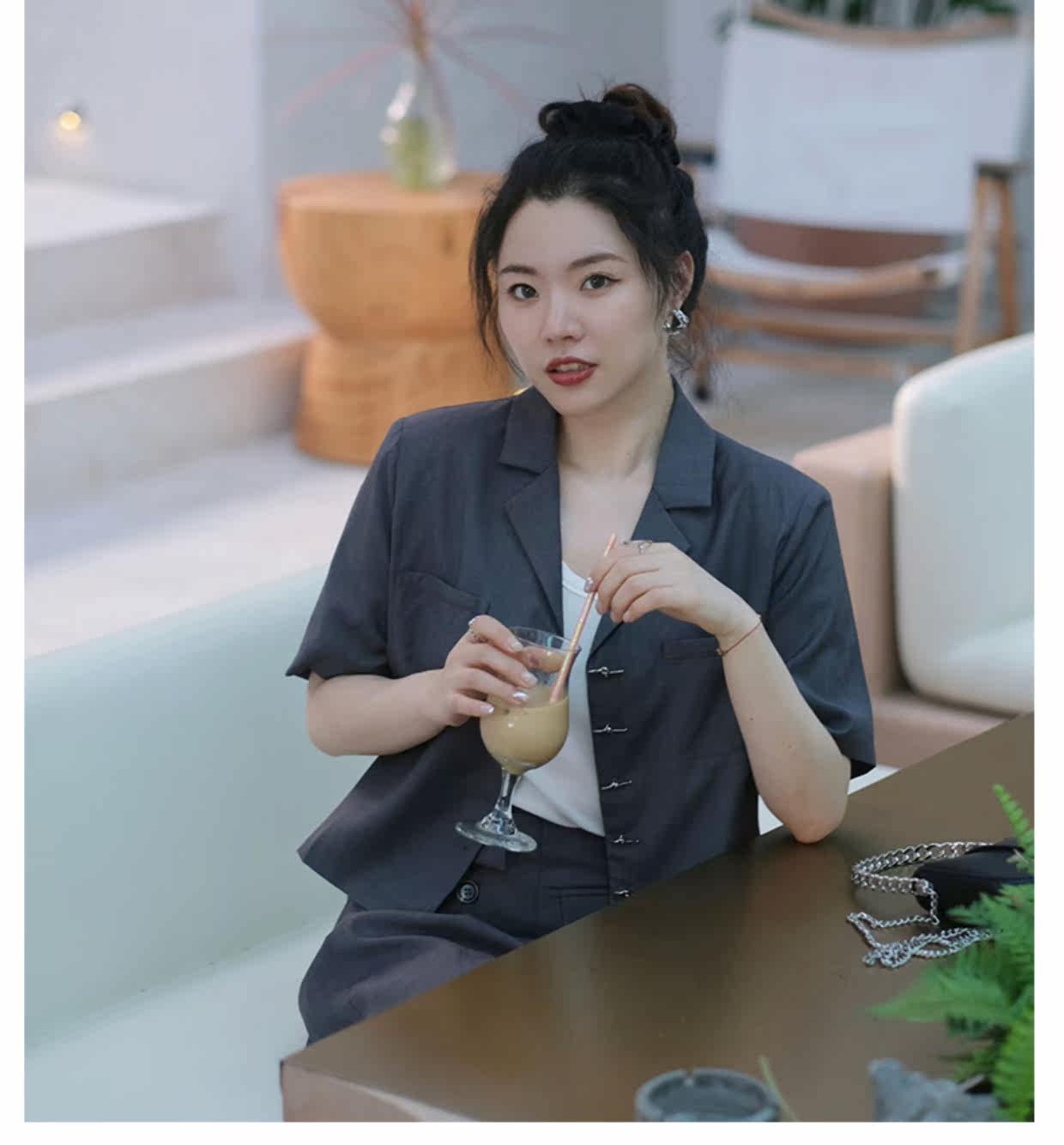 JML Ginger grain grey short-sleeved small suit set, asymmetrical culopants for commuting, single-breasted solid color, summer loose pic 12