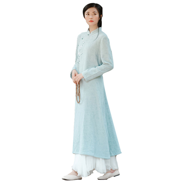 Autumn and winter Hanfu improved cheongsam girl young style cotton and linen Zen tea dress Chinese style tea artist clothing dress