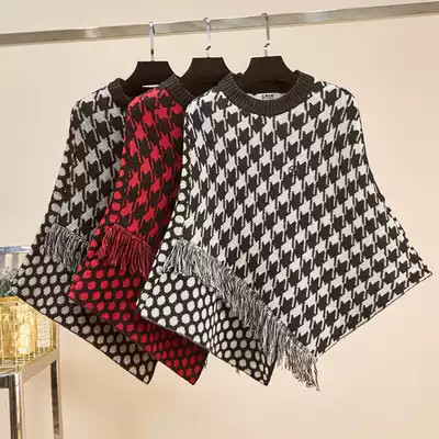 Houndstooth hundred shawl women's autumn and winter round neck loose irregular cape-style tassel sweater bat-shaped knitted jacket