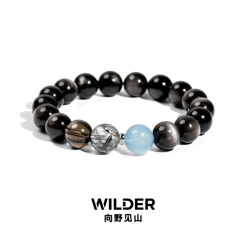 Xiangye Mianshan Natural Silver Obsidian Aquamarine Bracelet for Men, Gold Obsidian Black Hair Crystal Bracelet, Gift for Boyfriend