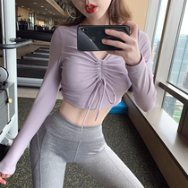 Byu Run short fitness clothes womens long-sleeved T-shirt running speed drying clothes drawstring sports top umbilical yoga suit