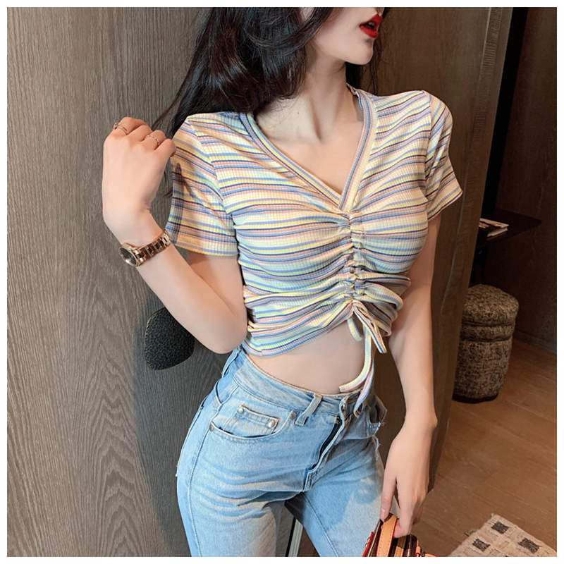 V Collar Draw Rope Blouses Woman Short Sleeve Knit Body Woman Fit Summer Dress 2022 New Hit Bottom Short rainbow striped T-shirt