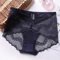 Sexy lace underwear women Middle waist size 200kg breathable fat mm seamless mesh see-through hollow triangle trousers