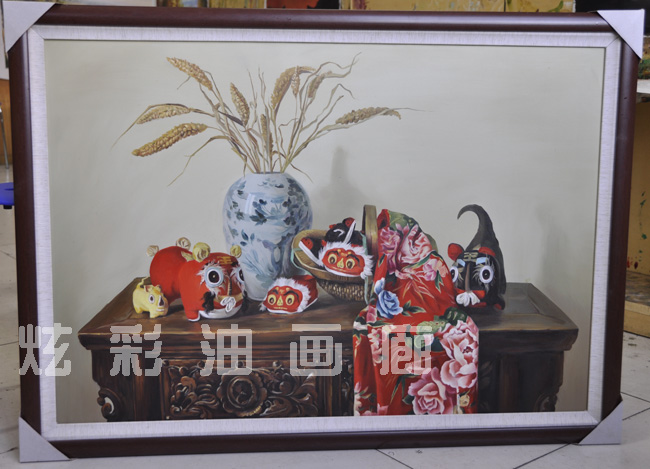 Oil painting pure hand-painted Chinese tiger head shoes pumpkin pomegranate lotus cloth peach rice ears