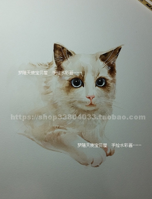 -Pure Hand Painted Pet Portrait Watercolor Kitty 