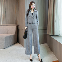 Wide leg pants suit Spring and Autumn womens fashion short jacket casual nine-point pants fashionable two-piece fashion suit