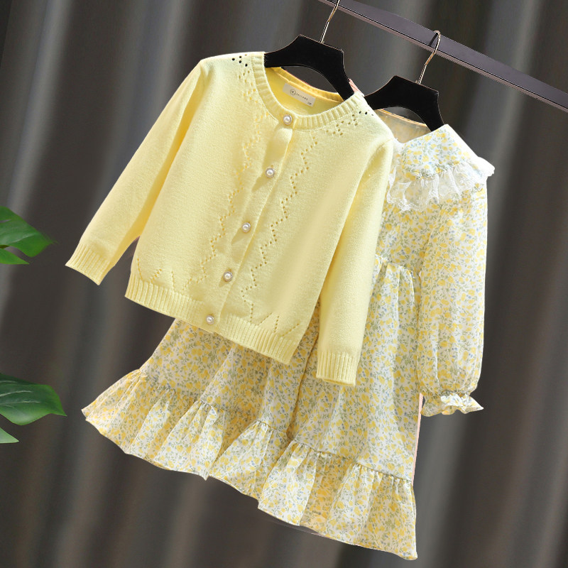 Girl Spring Dress Foreign Dress 2022 New Foreign Korean Ensemble Korean Ensemble High Sense Knit Broken Flowers Skirt Suit Skirt Child Skirt