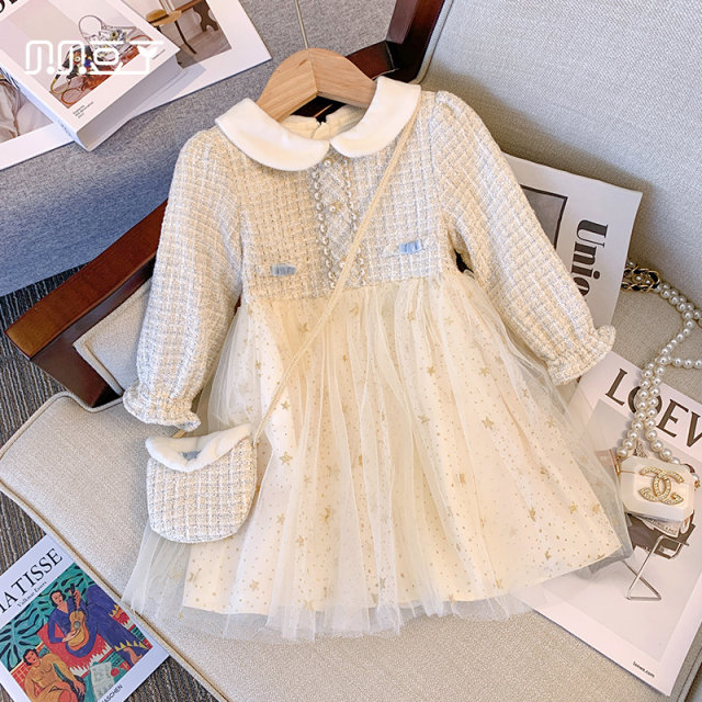 Girls' autumn dress foreign style small fragrance children's birthday autumn and winter plus velvet skirt girls baby autumn princess dress