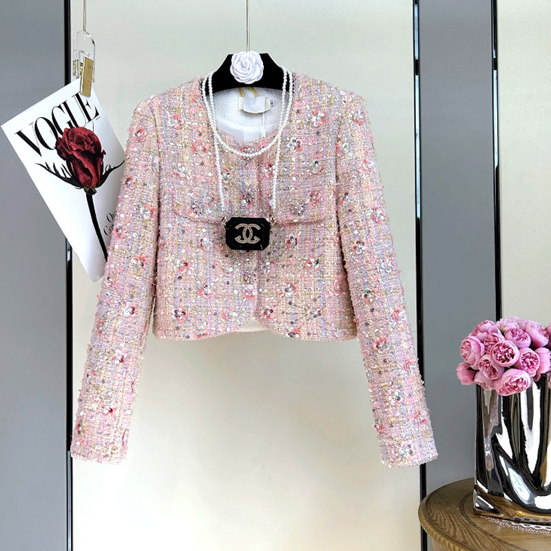 Pink Youthful Chanel-Style Jacket for Women, 2026 Spring New Tweed Sequin Elegant Petite Top, Special Price