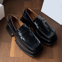 Ahigo with the same square head thick bottom small leather shoes womens 2020 new British style genuine leather muffin thick heel loafers