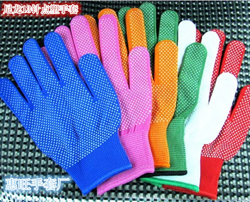 găng tay không bụi bán trực tiếp tại nhà máy 13-chân làm vườn nylon chấm nhựa găng tay chống trượt