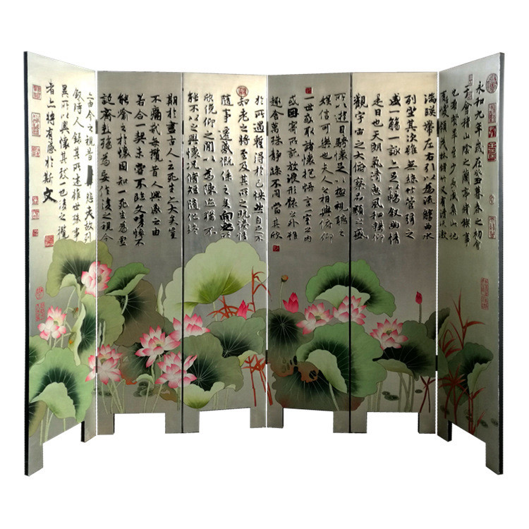 Lacquer art engraving appliquer with silver painted lotus heart warp Lanting order screen partition Yangzhou lacquer ware New Chinese home decoration
