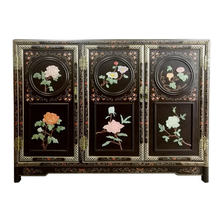 Lacquer art bone stone inlaid flower and bird three-door wardrobe shoe cabinet Yangzhou lacquerware new Chinese classical solid wood furniture installation-free
