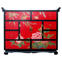 Yangzhou Lacquer Color Painted Peony Eight Pumping Double Door Xuanguan Decorative Cabinet Custom Lacquer Art New Chinese Vintage Solid Wood Furniture