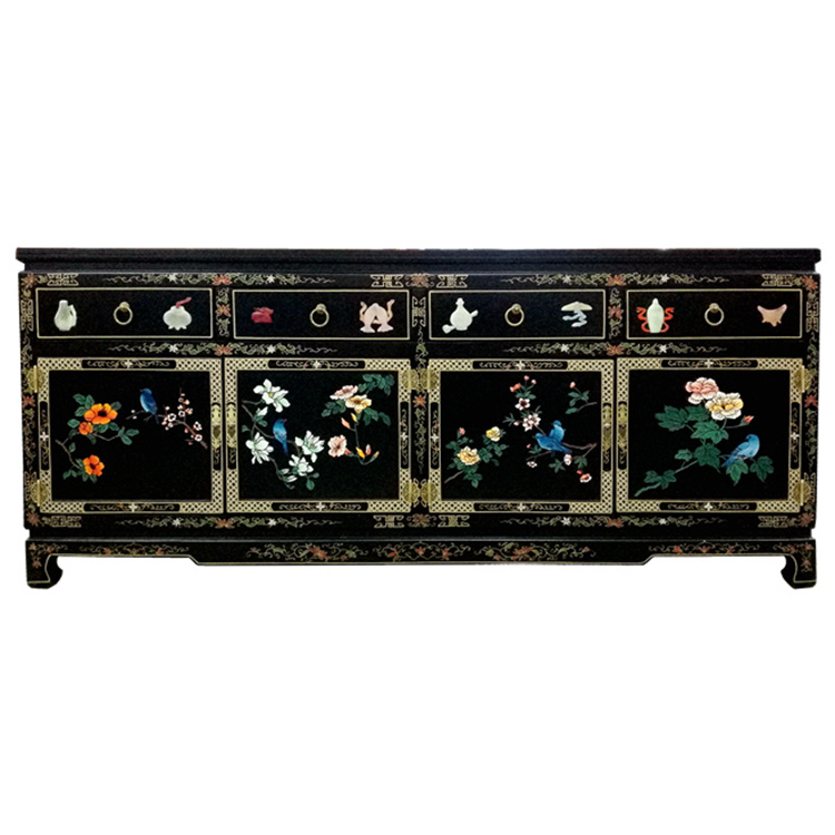 Yangzhou Lacquer Carved bone stone inlaid with four doors and four-pumping-off-closing decorative cabinet Lacquer Art Home New Classical Solid Wood Furniture