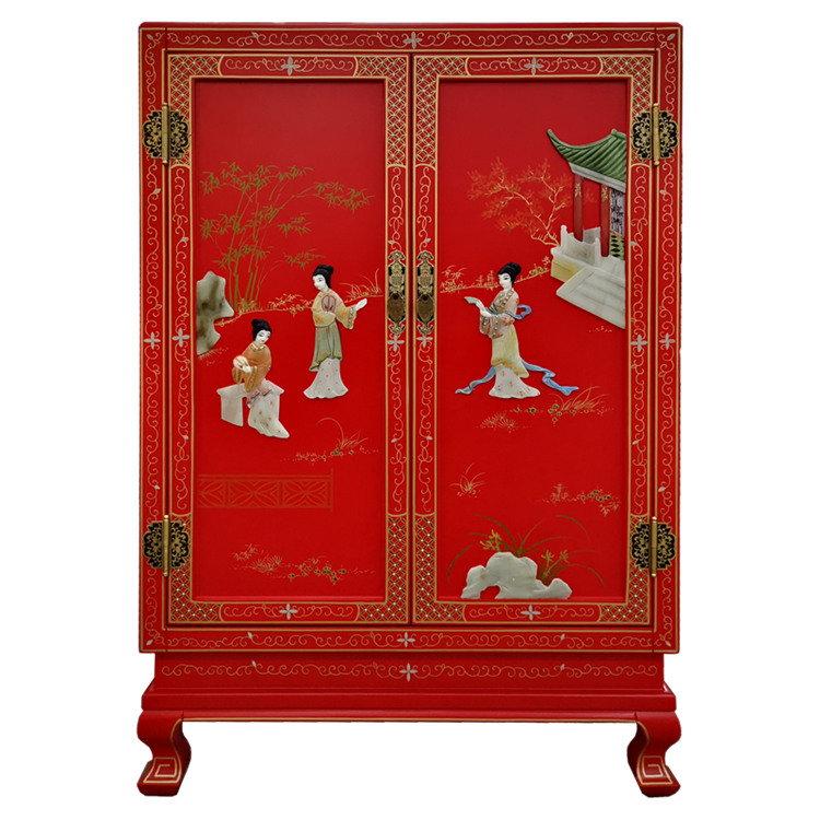 Lacquer Art Bone Stone Inlay Double Door Entrance Decorative Cabinet Yangzhou Lacquer New Chinese Classical Home Solid Wood Furniture