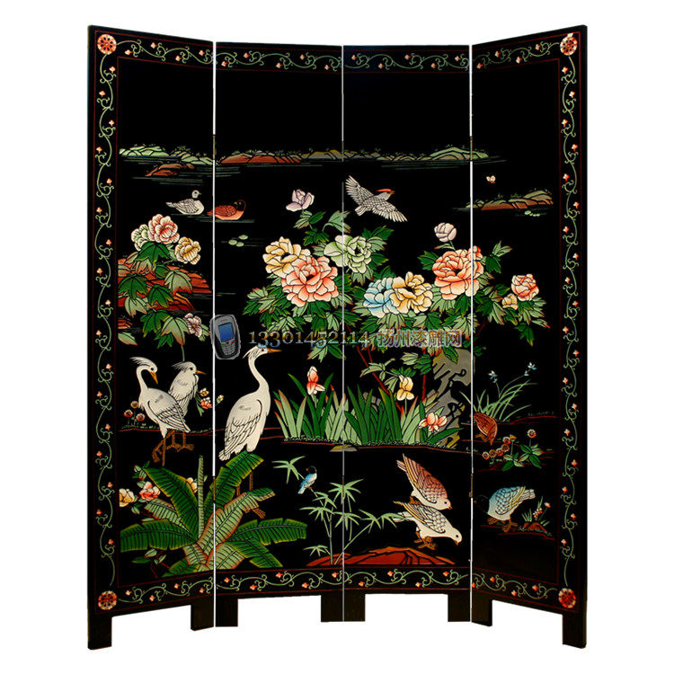 Yangzhou new lacquerware direct sales Classical home decoration carved dark four-fold screen partition a variety of flowers and birds customized
