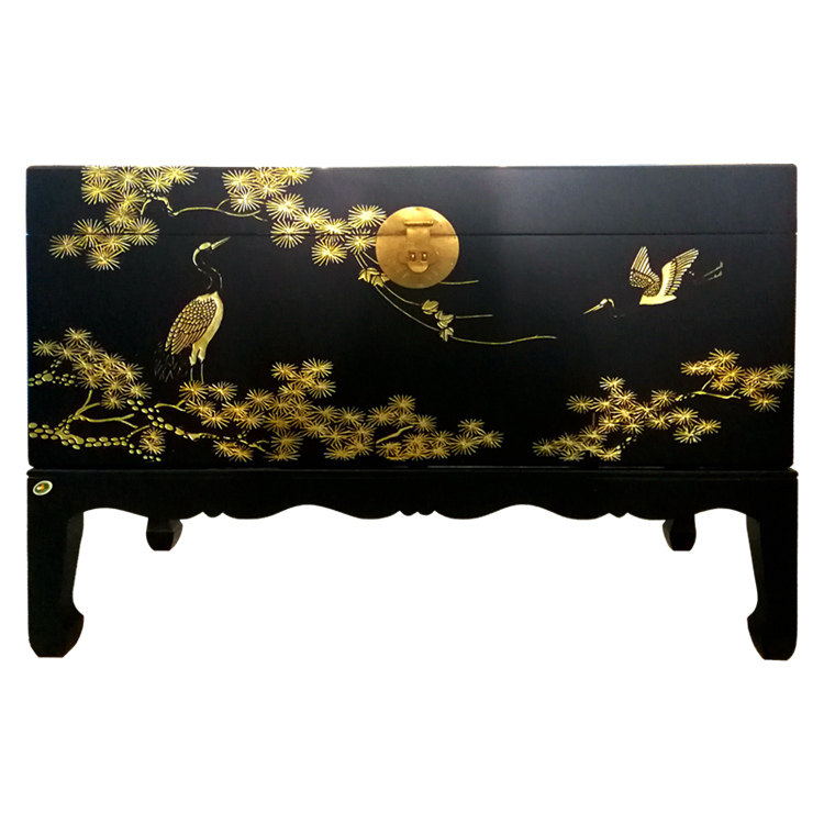 Yangzhou lacquerware Carved black ground covered with gold five-sided pine and crane box-style porch decoration table Lacquer art home solid wood furniture