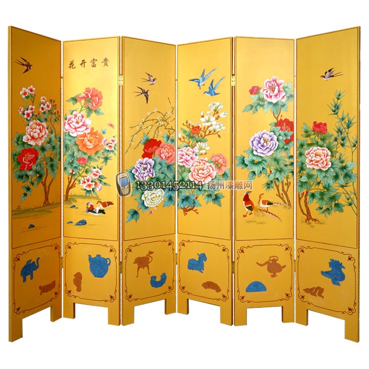 Yangzhou lacquerware neoclassical lacquer art home decoration yellow painting flowers blooming rich six-fold screen partition customization