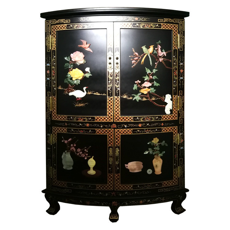 Lacquer art home bone stone inlaid large triangle corner decorative cabinet Yangzhou lacquerware new Chinese classical solid wood furniture