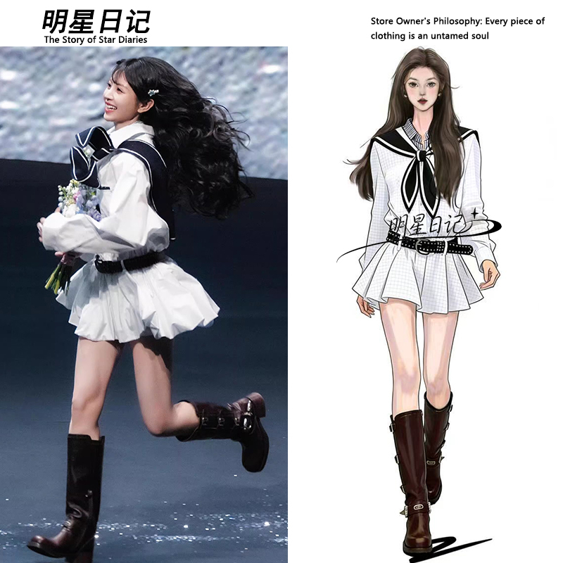 Celebrity Diary Style Tian Xiwei's Same College-Style Waist-Cinching White Dress, Early Spring Shirt, Short Skirt, Plaid Fake Two-Piece Celebrity Diary Style Tian Xiwei's Same College-Style Waist-Cinching White Dress, Early Spring Shirt, Short Skirt, Plaid Fake Two-Piece