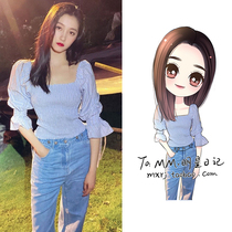 Guan Xiaotong with the French square collar top court style pile sleeves slim waist shirt womens new 2021