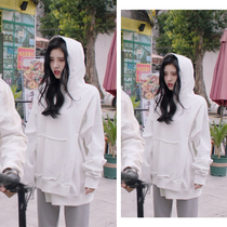 Under the full moon please fall in love. Early summer Ju Jingyi the same clothes hoodie loose clothes white loose clothes white loose clothes