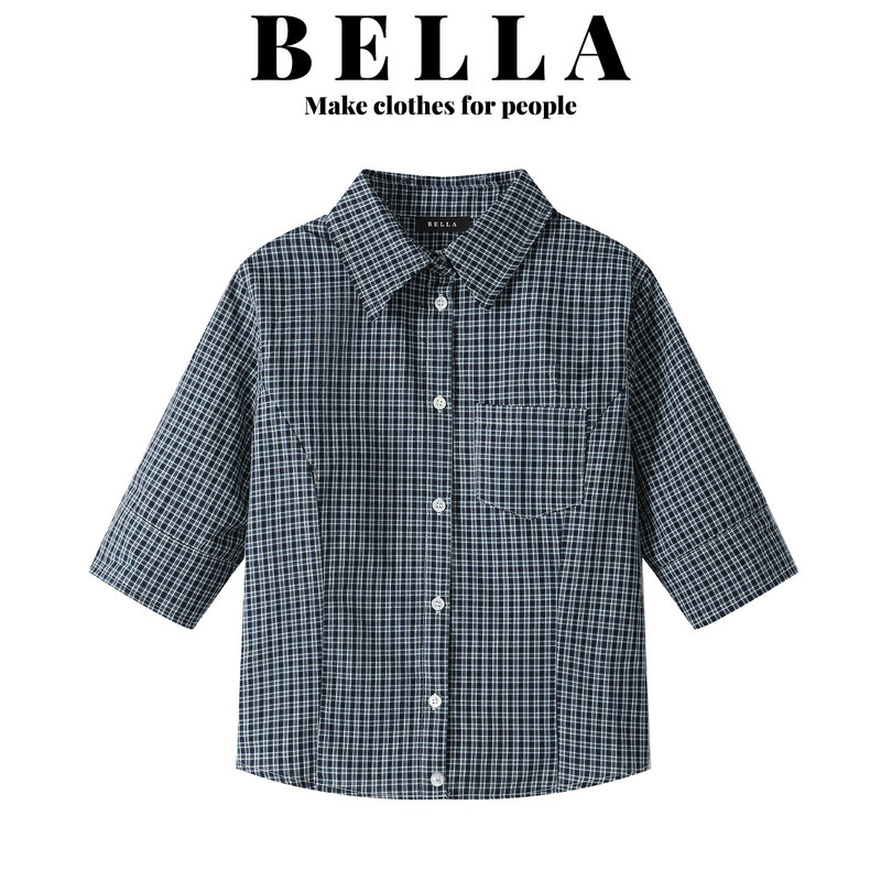 Bella Plaid Mid-Sleeve Shirt for Women 2026 Summer New Style Waist-Cinching Slimming Shirt Loose Short-Sleeve Top Bella Plaid Mid-Sleeve Shirt for Women 2026 Summer New Style Waist-Cinching Slimming Shirt Loose Short-Sleeve Top