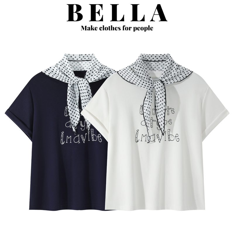Bella Korean-Style Letter-Printed Silk Scarf Round-Neck Regular-Shoulder Short-Sleeve T-Shirt for Women, Summer Loose Half-Sleeve Top