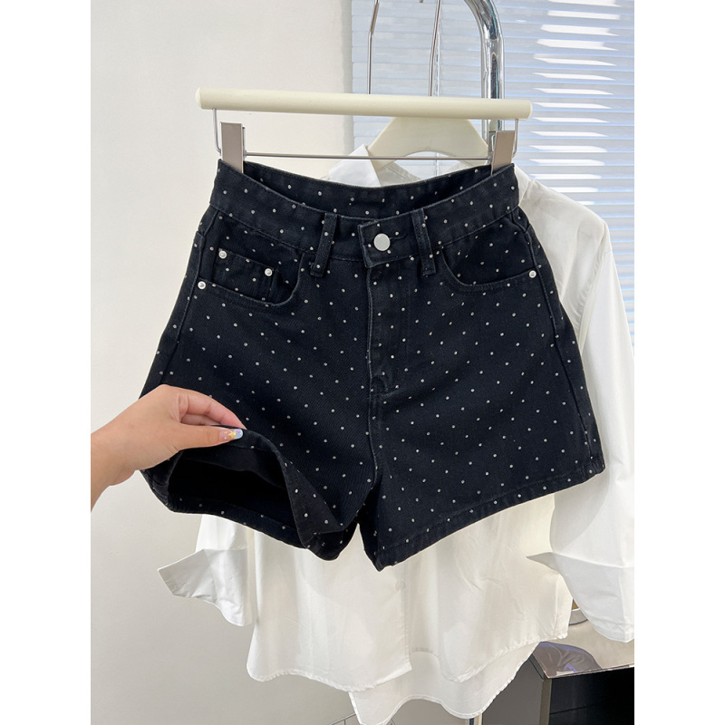 Black Polka Dot Denim Shorts for Women, Summer 2026 New Style, High-Waisted, Slimming, Wide-Leg, A-Line, Hip-Hugging Hot Pants Black Polka Dot Denim Shorts for Women, Summer 2026 New Style, High-Waisted, Slimming, Wide-Leg, A-Line, Hip-Hugging Hot Pants