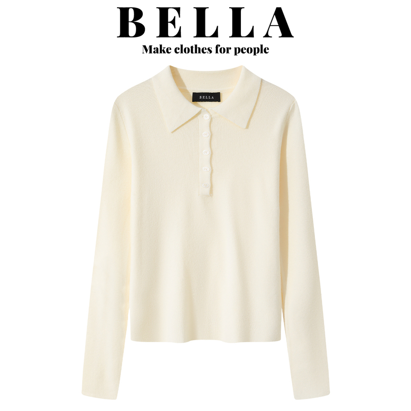 Bella Apricot Polo Collar Long-Sleeved Knit Sweater for Women, Autumn and Winter Design, Loose Sweater, Inner Layering Top