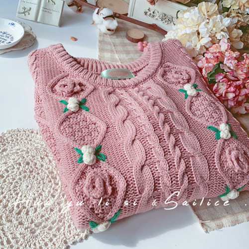 Sailice2022 Flower Ball Mori Sweet Japanese Embroidery Crochet Pullover Twist Sweater Knitwear Women