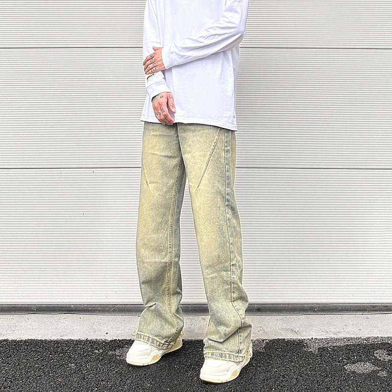 Vintage übergroße Split Deconstructed Herren breite Jeans Baggy Yellow Mud Dyed Washed Denim Jeans Cat Whisker Straight Denim Hose – Detail 9