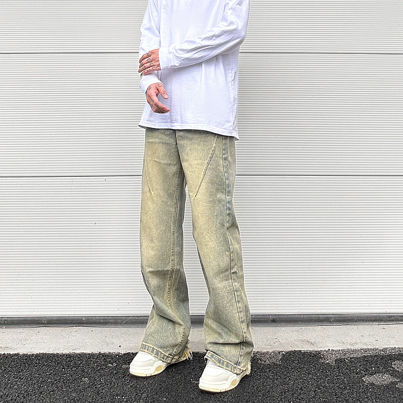Vintage übergroße Split Deconstructed Herren breite Jeans Baggy Yellow Mud Dyed Washed Denim Jeans Cat Whisker Straight Denim Hose – Detail 3