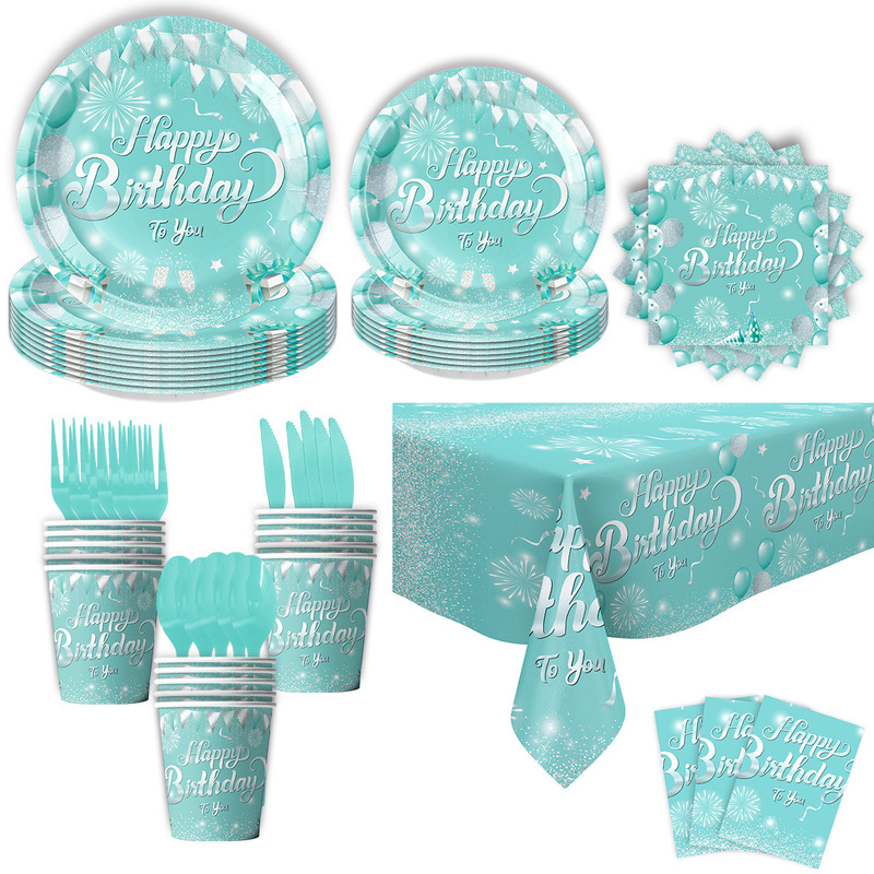Tiffany Blue Themed Birthday Party Decoration Disposable Tableware Flag Paper Plates Paper Cups Tablecloth Decoration Supplies