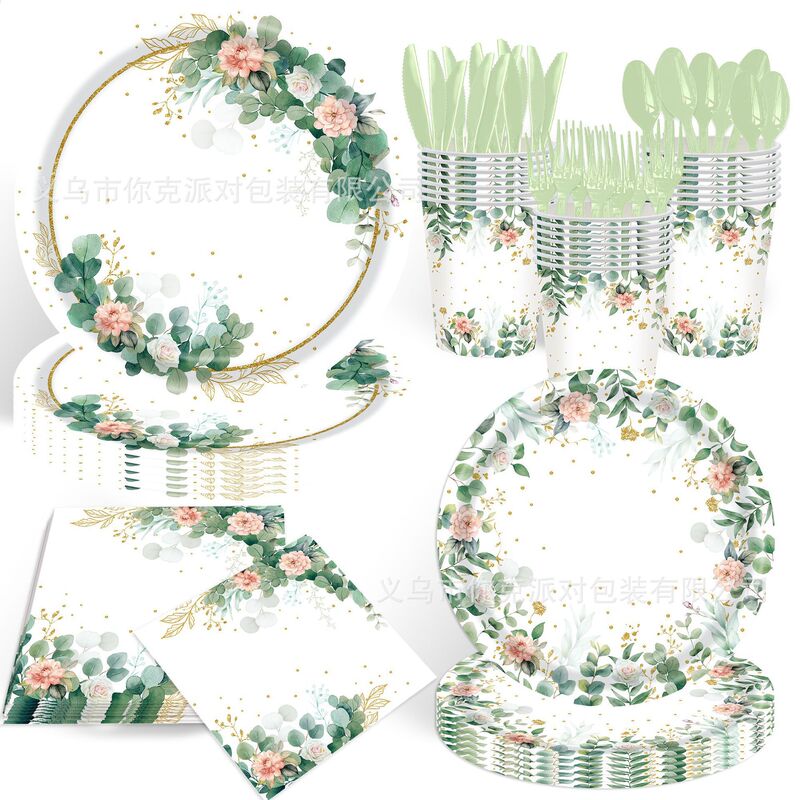 Sage Paper Plates, Eucalyptus Leaf Dinner Plates, Flower Disposable Paper Cups, Paper Napkins, Tablecloths, Wedding and Birthday Party Tableware
