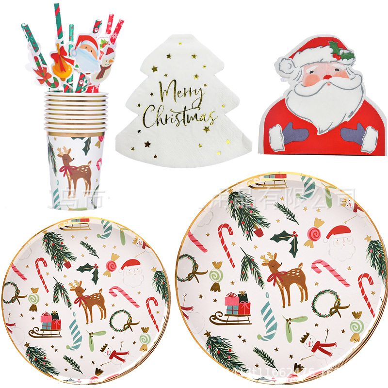 Gold Foil Paper Plates, Paper Cups, Holiday Decoration Supplies, Christmas Themed Tableware, Santa Claus Napkins, Christmas Tree Straws Gold Foil Paper Plates, Paper Cups, Holiday Decoration Supplies, Christmas Themed Tableware, Santa Claus Napkins, Christmas Tree Straws